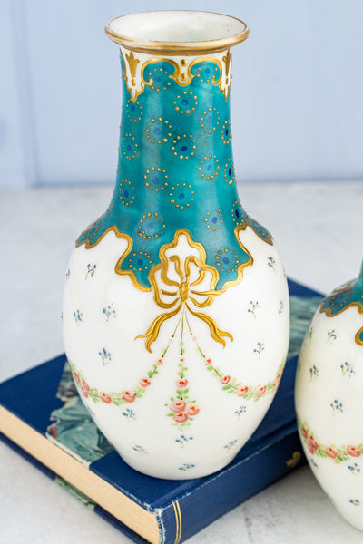 Antique French Hand-Painted Glass Vase Pair