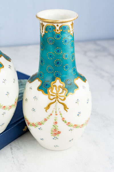Antique French Hand-Painted Glass Vase Pair