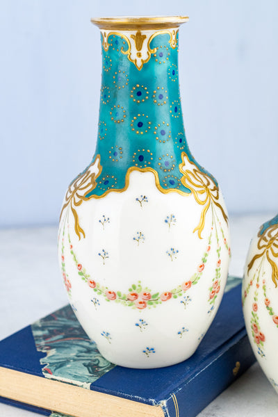 Antique French Hand-Painted Glass Vase Pair