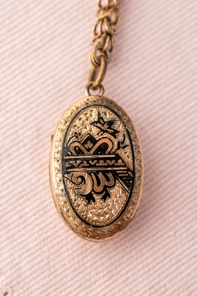 Antique Gold & Black Enamel Locket Necklace