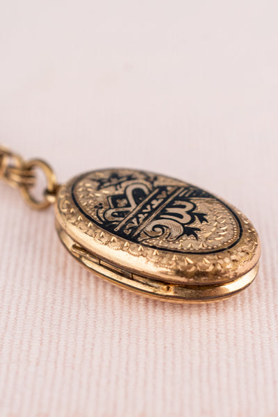 Antique Gold & Black Enamel Locket Necklace