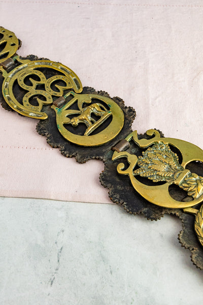 Antique Horse Brass Collection on Leather Harness