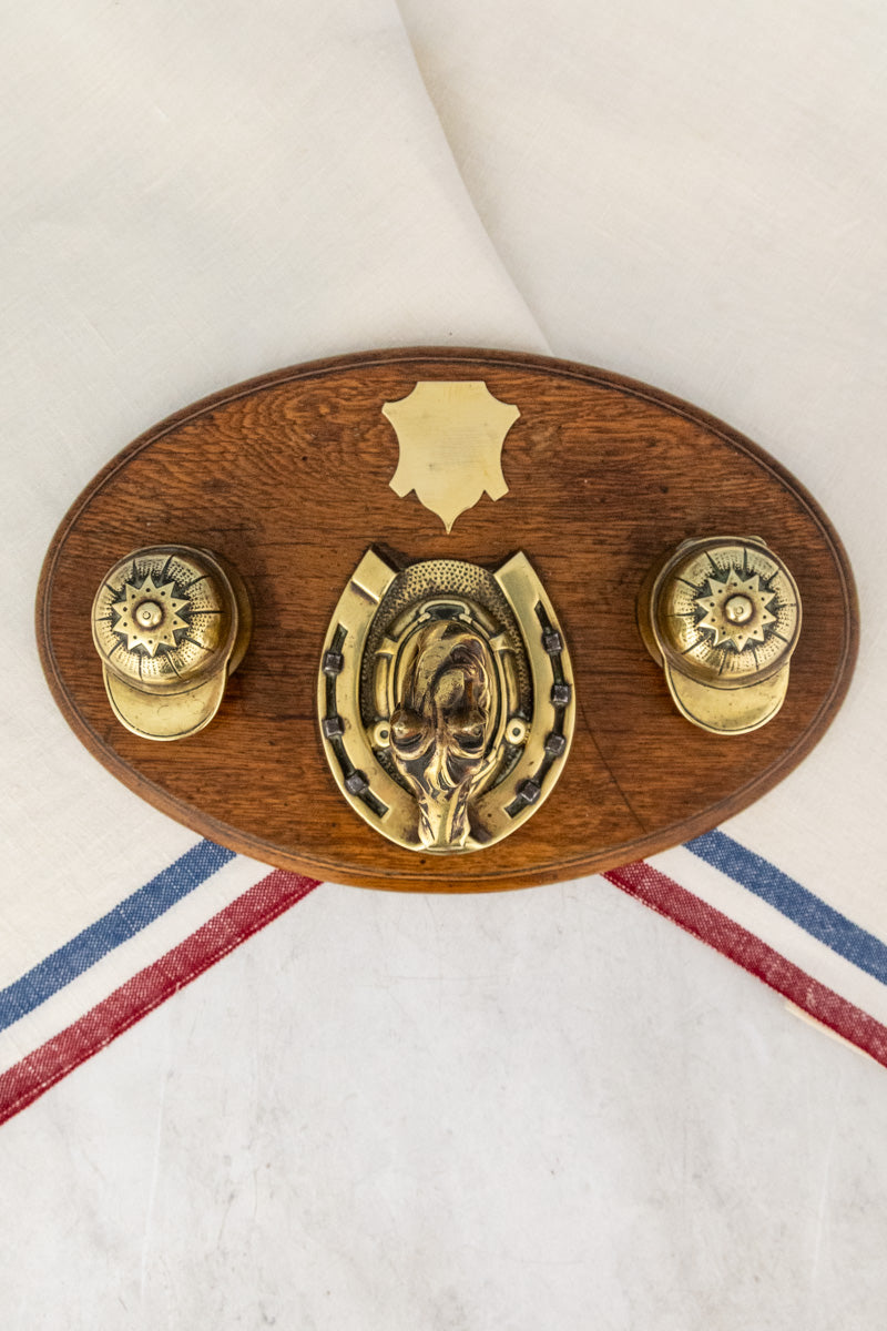 Antique Oak & Brass Horse Inkwell, image 2 of 12