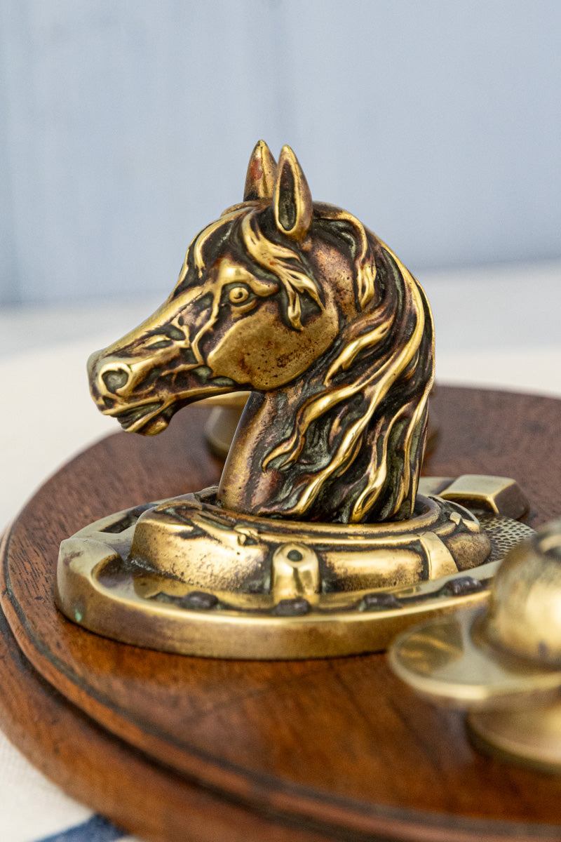 Antique Oak & Brass Horse Inkwell, image 11 of 12