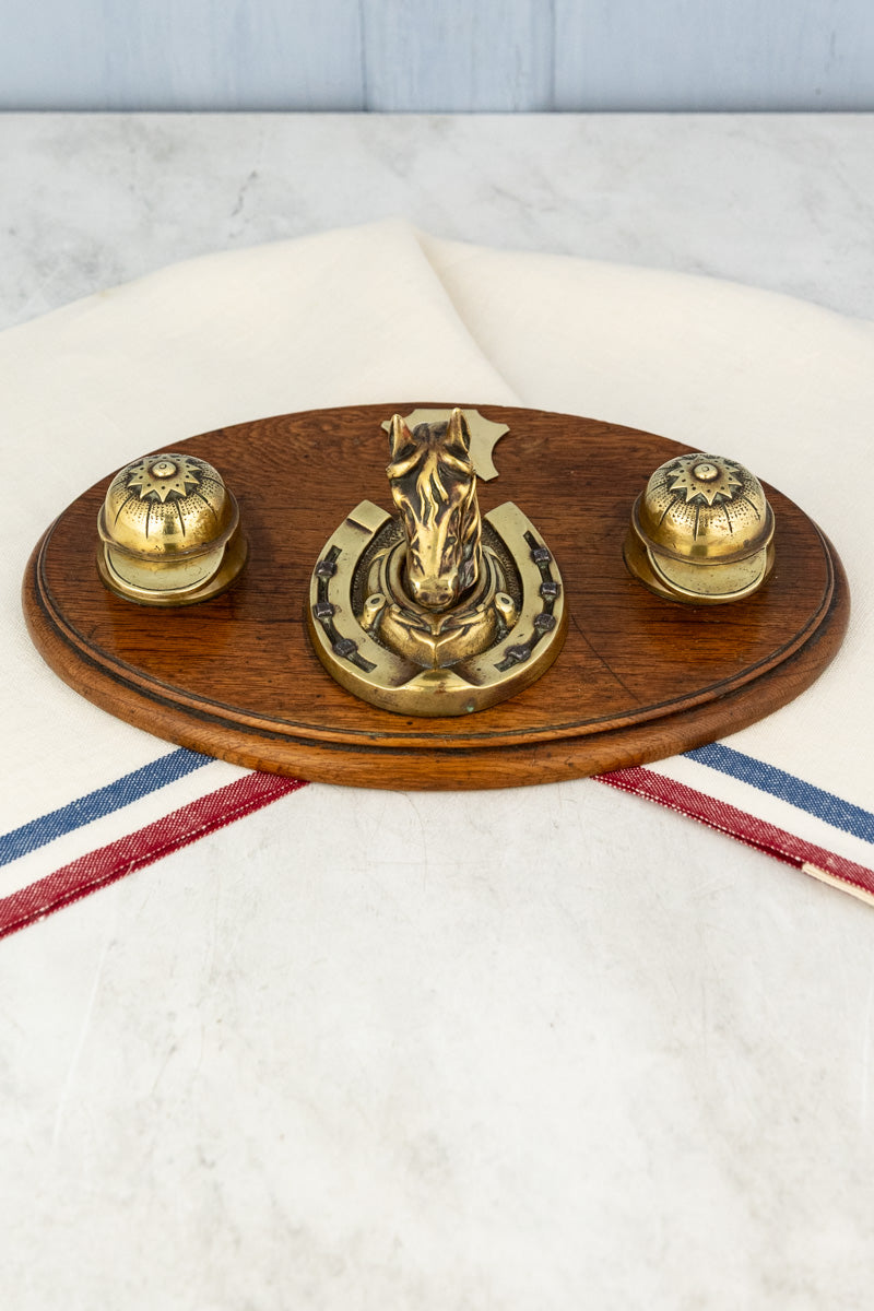 Antique Oak & Brass Horse Inkwell, image 1 of 12
