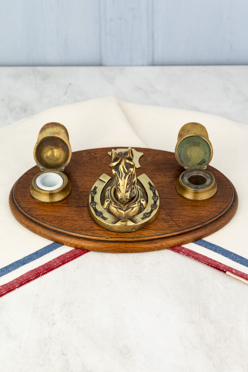 Antique Oak & Brass Horse Inkwell, image 4 of 12