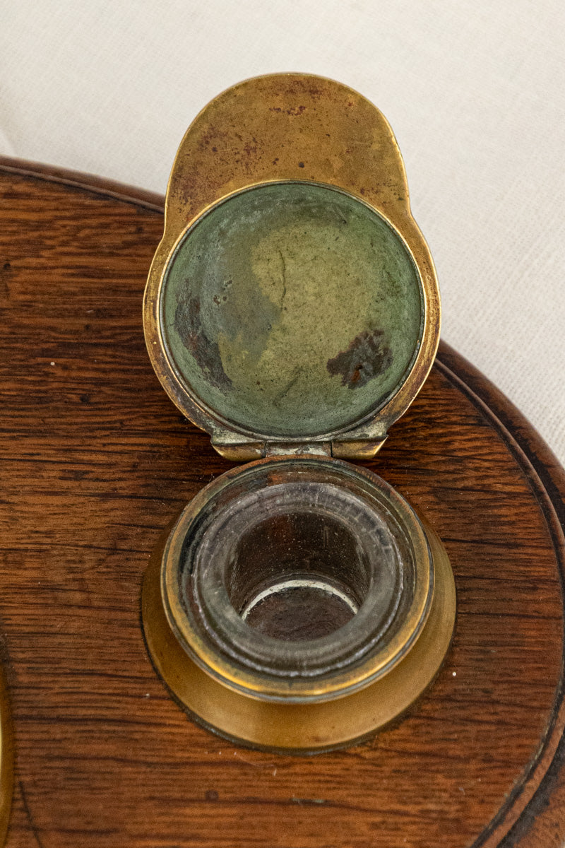 Antique Oak & Brass Horse Inkwell, image 6 of 12