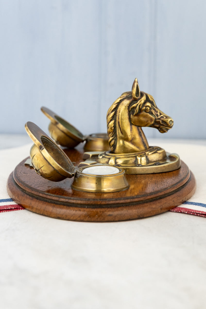 Antique Oak & Brass Horse Inkwell, image 7 of 12