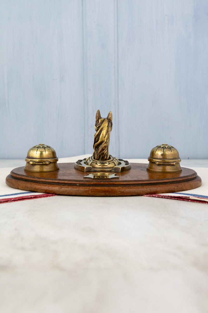 Antique Oak & Brass Horse Inkwell, image 9 of 12