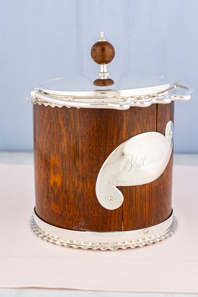 Antique Oak and Silverplate Biscuit Barrel