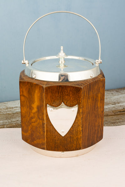 Antique Oak and Silverplate Biscuit Barrel