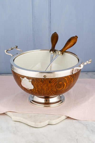 Antique Oak and Silverplate Centerpiece Serving Bowl Set
