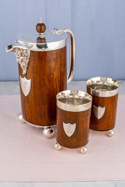 Victorian Oak and Silverplate Presentation Jug & Cups