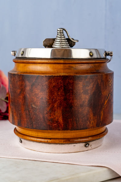 Antique Pyrographic Oak and Silverplate Biscuit Barrel