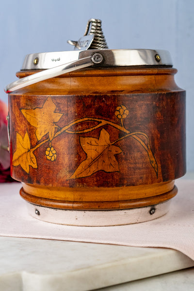 Antique Pyrographic Oak and Silverplate Biscuit Barrel