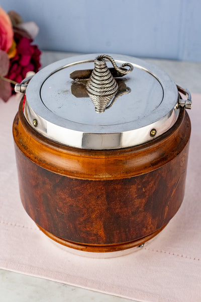 Antique Pyrographic Oak and Silverplate Biscuit Barrel