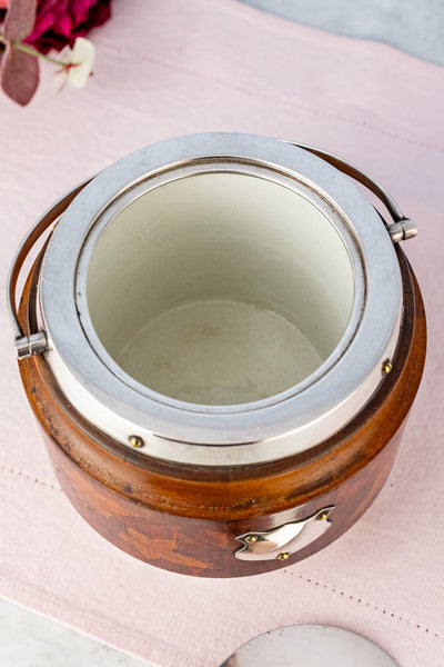 Antique Pyrographic Oak and Silverplate Biscuit Barrel