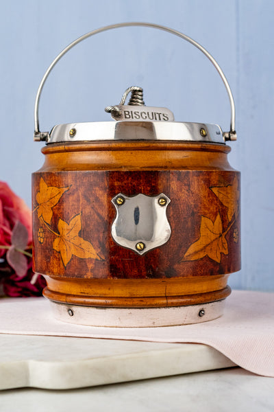 Antique Pyrographic Oak and Silverplate Biscuit Barrel