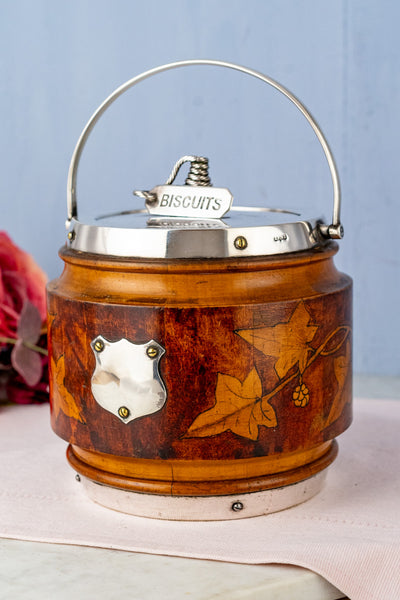 Antique Pyrographic Oak and Silverplate Biscuit Barrel