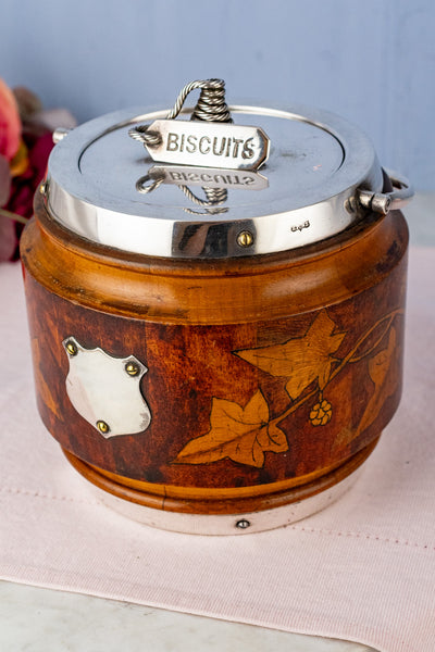Antique Pyrographic Oak and Silverplate Biscuit Barrel