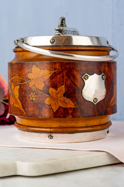 Antique Pyrographic Oak and Silverplate Biscuit Barrel