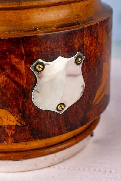 Antique Pyrographic Oak and Silverplate Biscuit Barrel