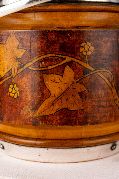 Antique Pyrographic Oak and Silverplate Biscuit Barrel