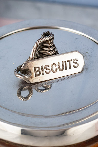 Antique Pyrographic Oak and Silverplate Biscuit Barrel