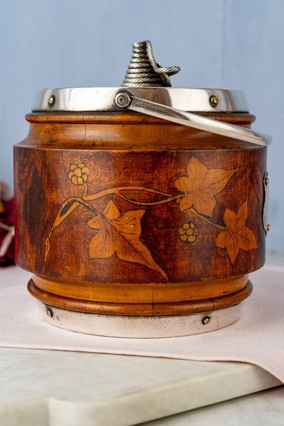 Antique Pyrographic Oak and Silverplate Biscuit Barrel