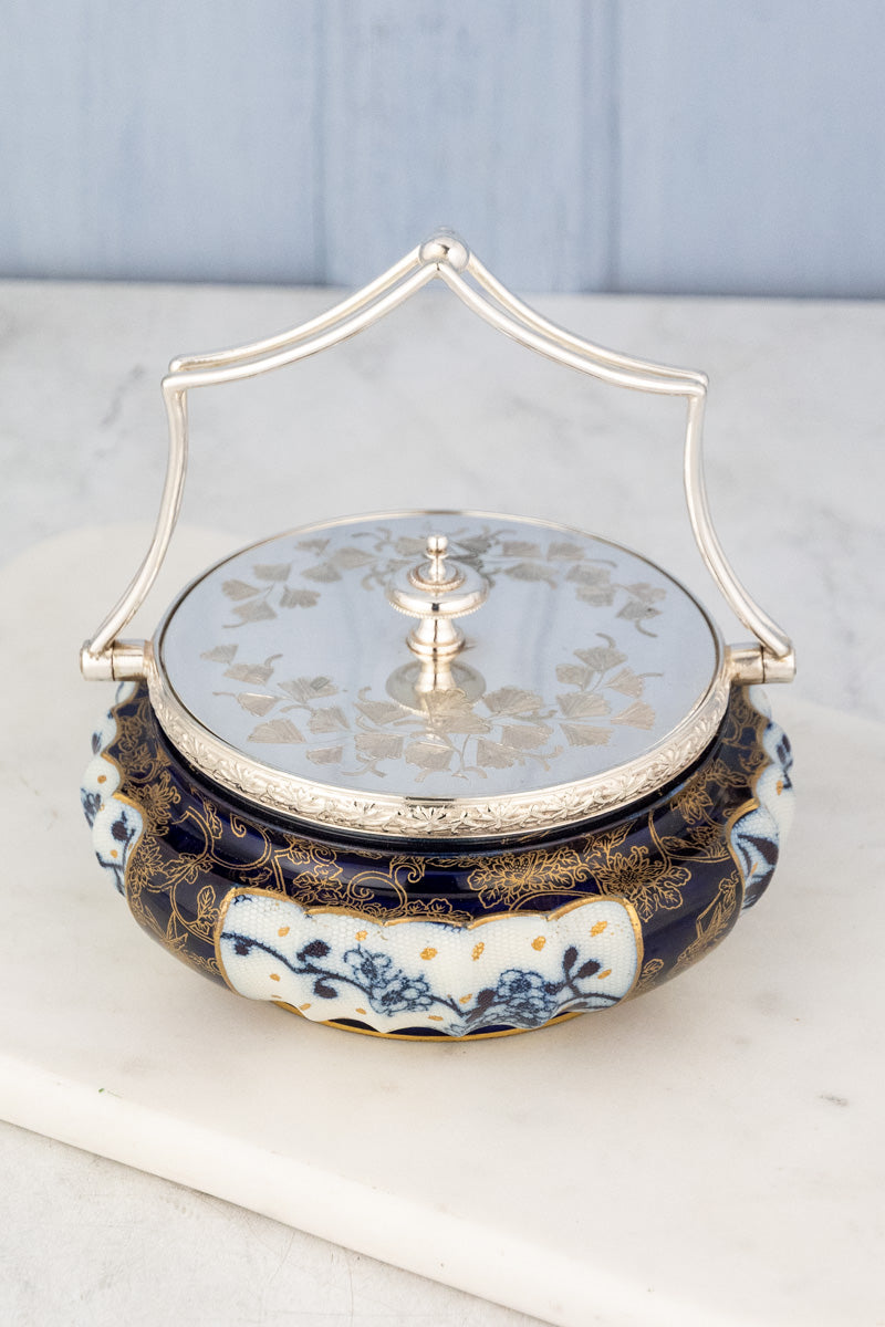 Antique Silverplate & Porcelain Demi Biscuit Barrel, image 2 of 18