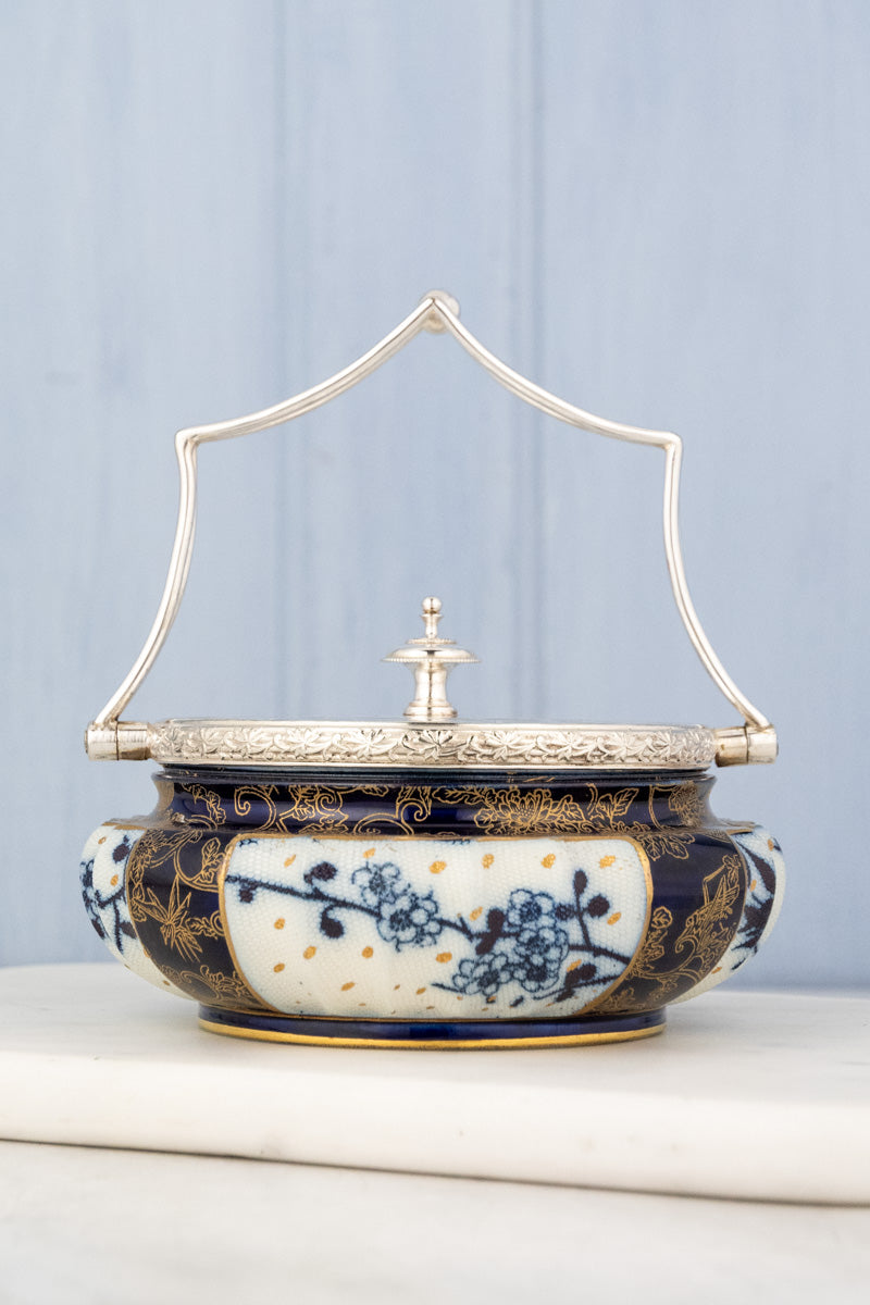 Antique Silverplate & Porcelain Demi Biscuit Barrel, image 1 of 18