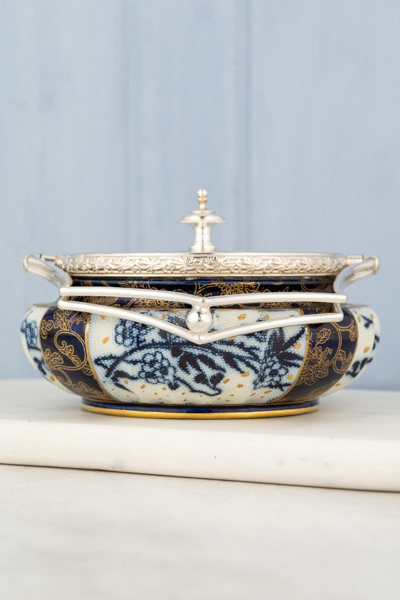 Antique Silverplate & Porcelain Demi Biscuit Barrel, image 5 of 18