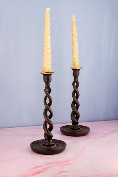Antique English Barley Twist Wood Candlestick Pair