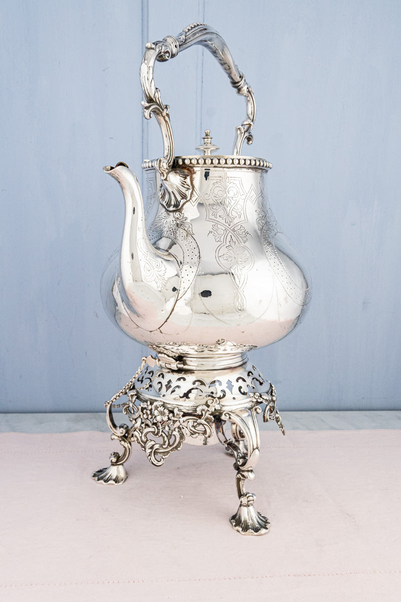 Antique Silverplate Tipping Pot on Warming Stand