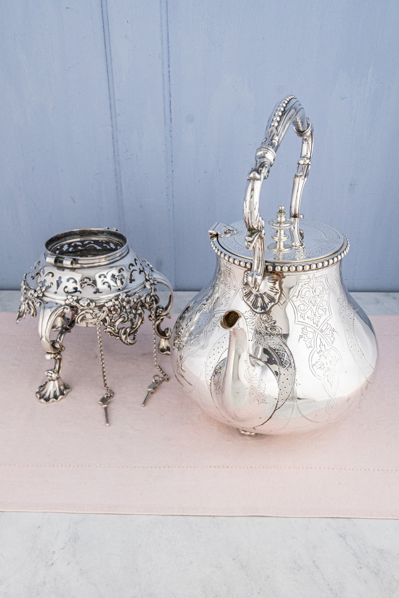 Antique Silverplate Tipping Pot on Warming Stand