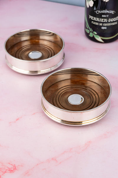 Antique Silverplate & Mahogany Bottle Coaster Pair