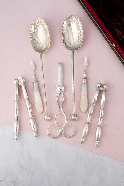 Antique Silverplate & Mother of Pearl 7-piece Fruit Service with Grape Shears, Nutcrackers and Picks