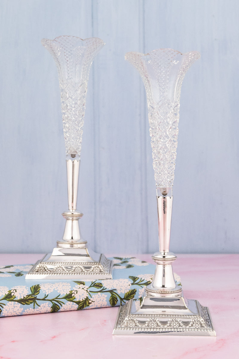 Antique Silverplate and Glass Vase Pair, image 2 of 7