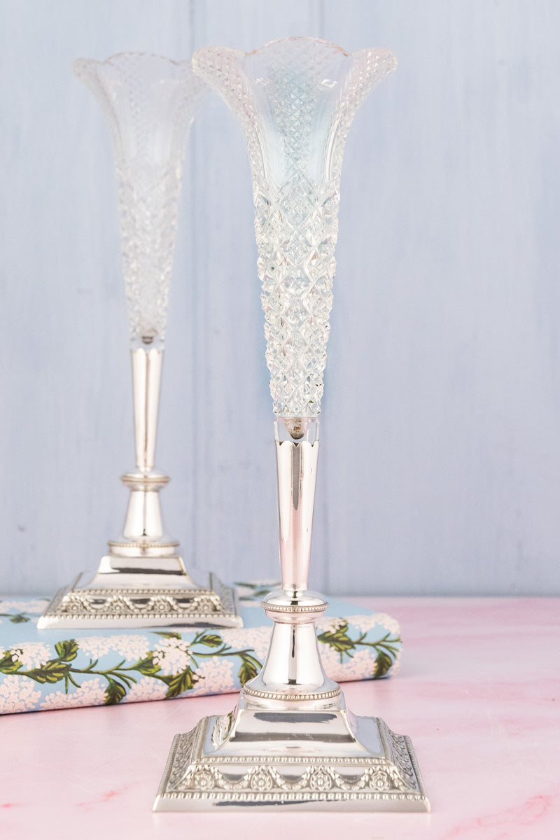 Antique Silverplate and Glass Vase Pair, image 3 of 7