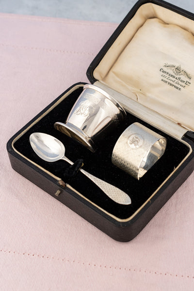 Antique Sterling Silver Napkin Ring with Egg Cup & Spoon Set