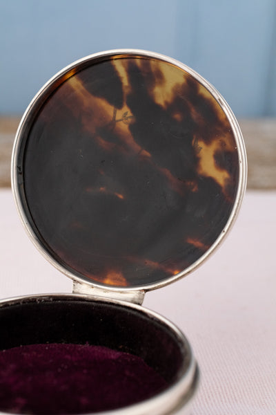Antique Tortoise Shell & Sterling Silver Round Jewelry Box