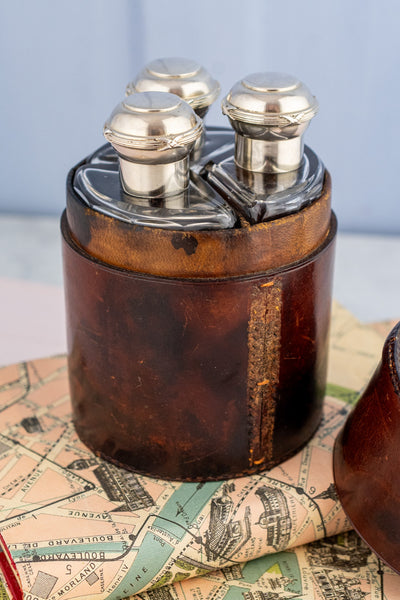 Antique Travel Sterling & Glass Bottle Set in Leather Case