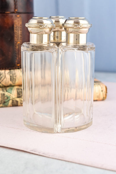 Antique Travel Sterling & Glass Bottle Set in Leather Case