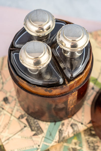 Antique Travel Sterling & Glass Bottle Set in Leather Case