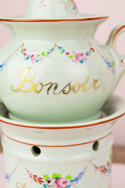 Antique French "Bonsoir & Bonne Nuit" Teapot with Warming Stand