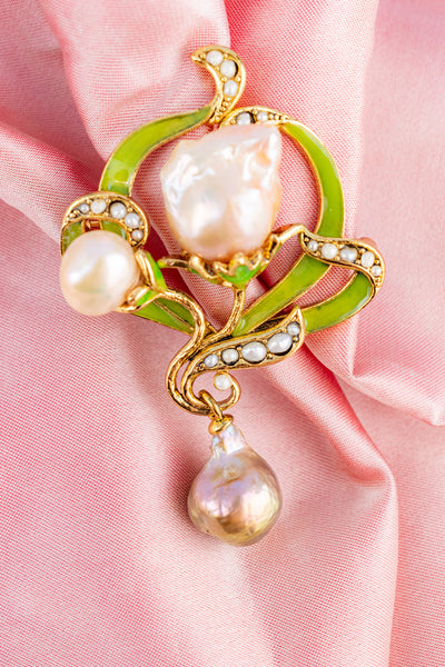 Art Nouveau Enamel & Pearl Brooch