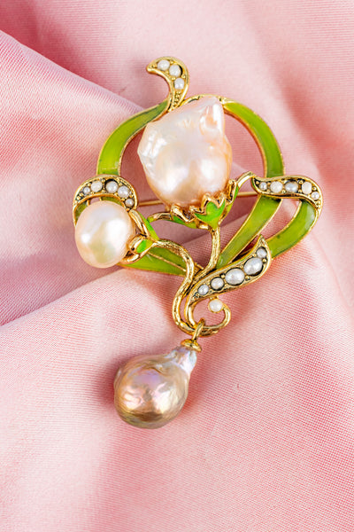 Art Nouveau Enamel & Pearl Brooch