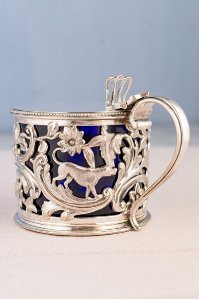 Victorian Silverplate & Blue Glass Mustard Pot