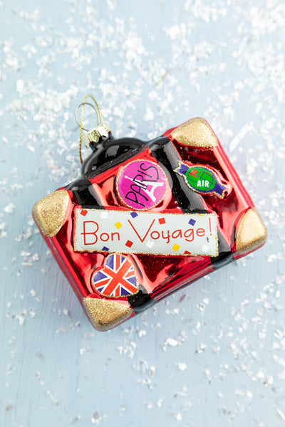 Bon Voyage Red Suitcase Glass Ornament