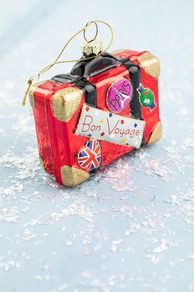 Bon Voyage Red Suitcase Glass Ornament